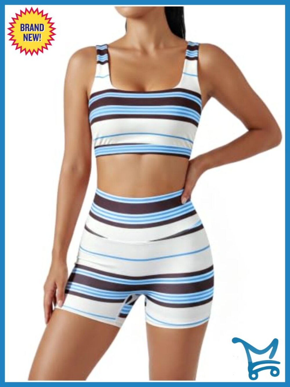 Women's 2-Piece Striped Crop Top & Biker Shorts Set Bodycon Workout